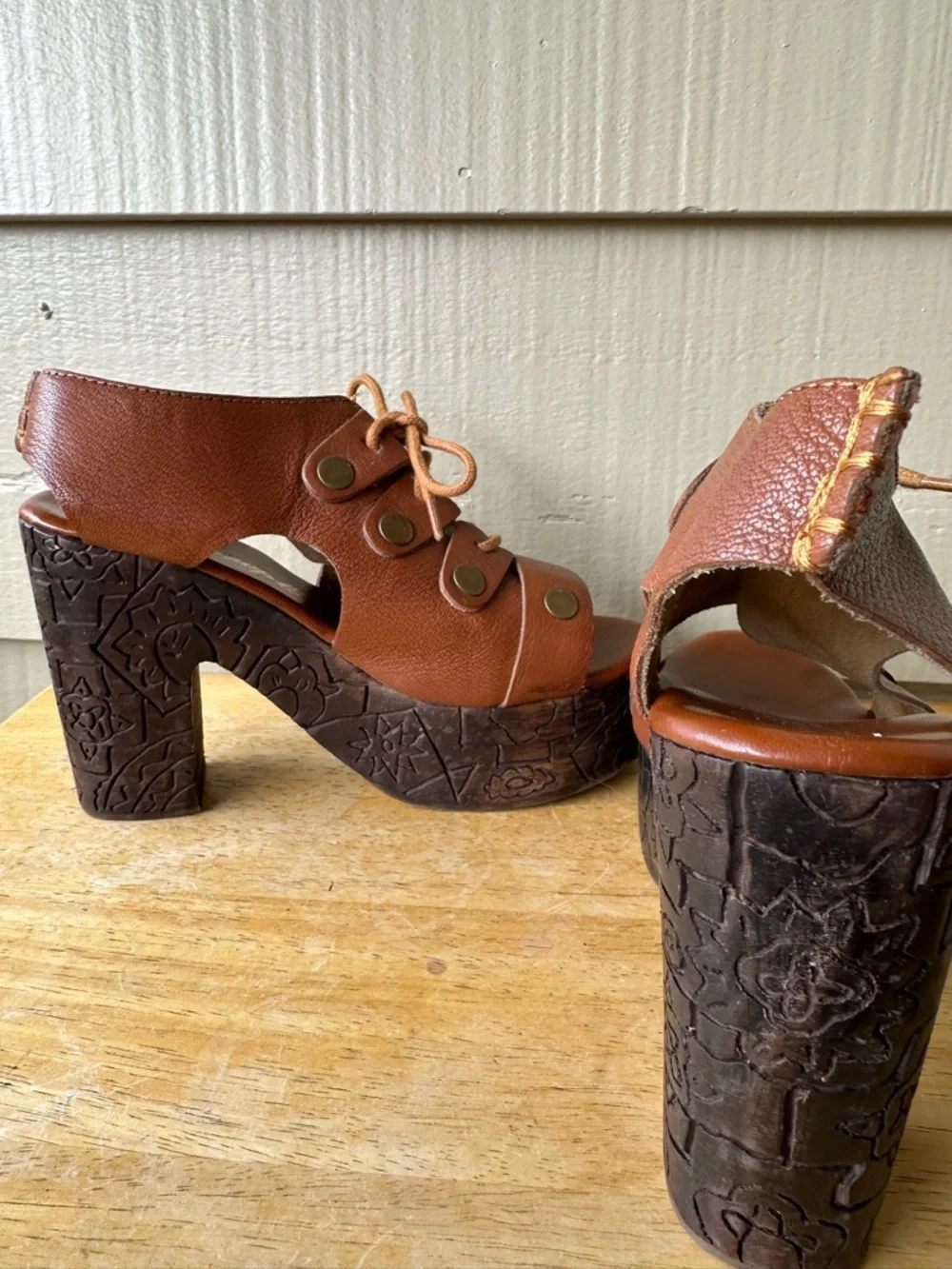 Free People Farrah Brown Leather Wooden Heel Engraved Platform Sandal Brown